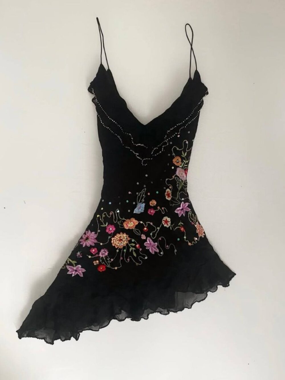 Vintage Black Floral Embroidered Mini Dress Y2K Spaghetti Strap Asymmetrical Dre